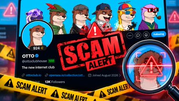 A 'SCAM ALERT' graphic features a magnifying glass over a Twitter profile for 'OTTO (@ottobonk) 18M,' showing cartoon monkey characters and red warning tape in the background.