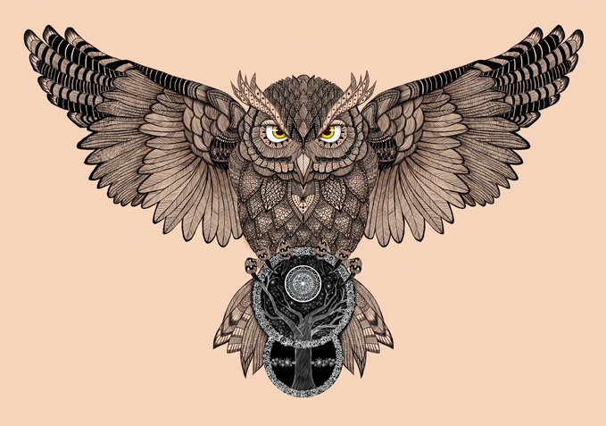 A detailed ink illustration of an owl with outspread wings, featuring intense yellow eyes and intricate feather patterns, holding a circular emblem with a tree-of-life design in a cream/beige colored artwork.