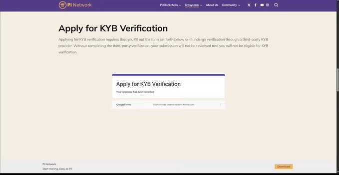 A Pi Network webpage displays an "Apply for KYB Verification" form, explaining that applying requires completing a third-party KYB provider's verification, with a note that "Your response has been recorded." This relates to the post by showing Pi Network's compliance infrastructure (KYB/KYC/KYG verification processes) that supports transparency and regulatory alignment for integrating global corporate entities onto the Pi Blockchain.