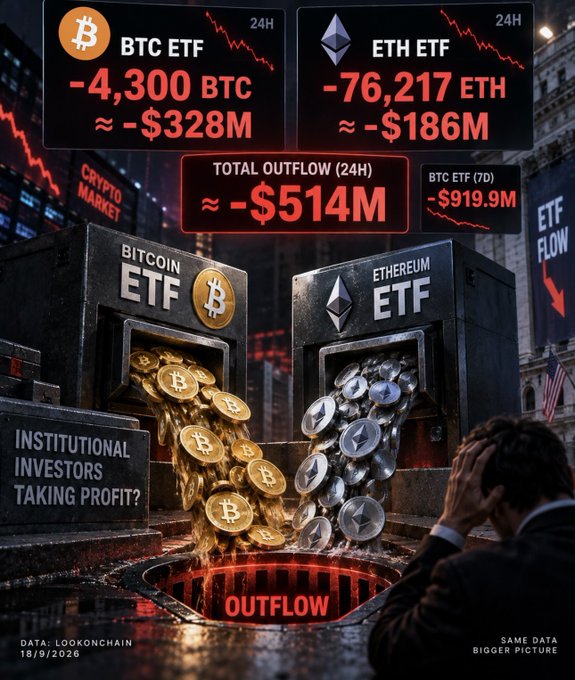 Cryptocurrency market infographic showing significant ETF outflows: BTC ETF down 4,300 BTC (~$328M) and ETH ETF down 76,217 ETH (~$186M) over 24 hours, totaling approximately -$514M in outflow, with a 7-day BTC ETF outflow of -$919.9M, illustrated with Bitcoin and Ethereum coins pouring out of vault-like containers.