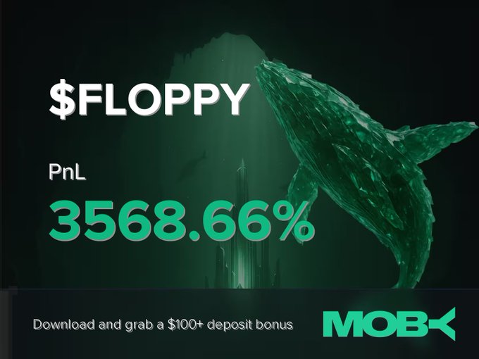 The image displays a Win Alert for the $FLOPPY token, showing a PnL of +3568.66% in bold green text against a dark underwater-themed background featuring a whale illustration, with the Moby logo and a "$100+ deposit bonus" promotion at the bottom.