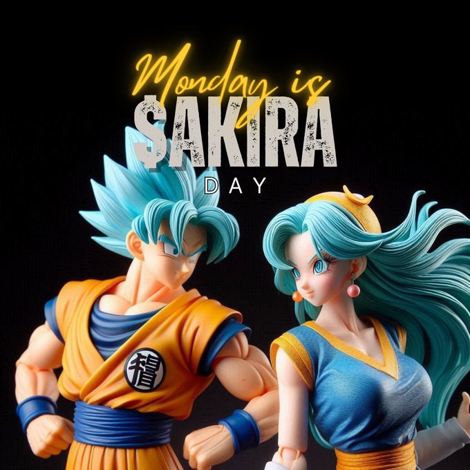 Two anime figurines resembling Dragon Ball characters with teal hair stand below the text 'Monday is SAKURA DAY' in yellow and white lettering.
