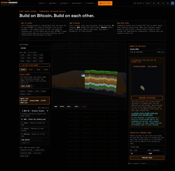 A screenshot of the Bitcoin Unbobbed website showing a "LAND FUNGI STUDIO" interface for building on Bitcoin, featuring options to buy land, build, and pay with Bitcoin.