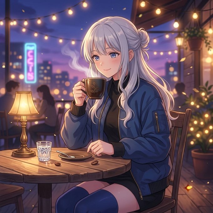 An anime-style illustration of a silver-haired girl with blue eyes sipping from a mug at a wooden café table adorned with string lights at dusk.