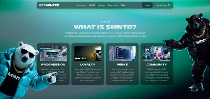 Website header for 'GETMINTED' featuring the question 'WHAT IS $MNTD?' alongside illustrations of two bears wearing clothing and gold chains, explaining the token's utility across Progression, Loyalty, Perks, and Community.