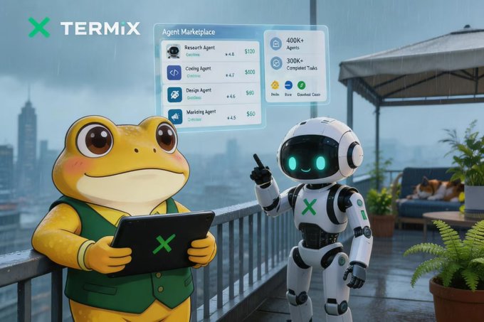 An illustrated promotional graphic for 'TERMIX' featuring a frog character holding a tablet next to a robot, displaying an Agent Marketplace with Research, Coding, Design, and Marketing Agents priced at $50-$120, plus 400K+ Agents and 300K+ Completed Tasks.