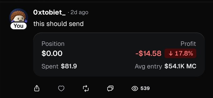 A user named Oxtobiet_ shares a screenshot of a failed trade showing -$14.58 loss (17.8% down) on an $81.9 position with an average entry of $54.1K MC, captioned "this should send" while asking followers to join them on pumpfun for "banger callouts"—ironically showcasing a losing trade to promote future calls.