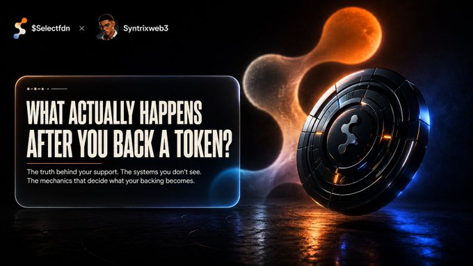 A promotional graphic featuring the XRP Ripple logo with the headline 'WHAT ACTUALLY HAPPENS AFTER YOU BACK A TOKEN?' along with creator handles '$Selectfdn' and 'Syntrixweb3'.