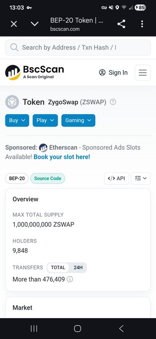 A mobile screenshot of BscScan showing details for BEP-20 Token ZygoSwap (ZSWAP) with a max total supply of 1,000,000,000 ZSWAP, 9,848 holders, and more than 476,409 transfers.
