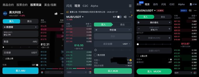 The image displays three cryptocurrency trading interfaces side-by-side, each showing order book data for Micron Technology (MU) stock tokens: rMU/USDT on Bitget (bid 814.25, ask 812.79), MUB/USDT (bid 816.11, ask 813.87), and MUON/USDT (bid 820.52, ask 813.87), illustrating the price spread comparison mentioned in the post about Bitget's rToken offering for US stocks.