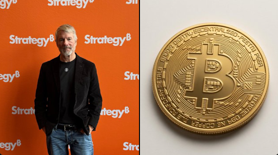 The image shows Michael Saylor, executive chairman of MicroStrategy (now branded as "Strategy"), standing in front of an orange backdrop featuring the company's new "Strategy" logo, alongside a close-up of a physical Bitcoin coin. The visual pairs the prominent Bitcoin advocate and his rebranded company with the cryptocurrency itself, contextualizing the post's news that Strategy has sold 1,691 BTC ($108M) and now holds 840,447 BTC, marking a notable reversal from Saylor's long-held stance against selling.