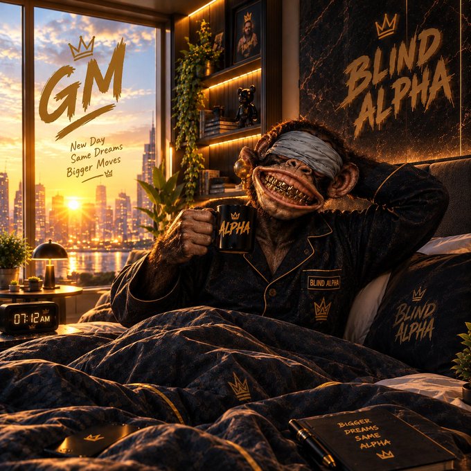 Stylized image of a creature with a crown lounging in bed holding an 'ALPHA' mug, wearing 'BLIND ALPHA' pajamas with 'GM New Day Same Dreams Bigger Moves' text, and a 'BIGGER DREAMS SAME ALPHA' notebook.