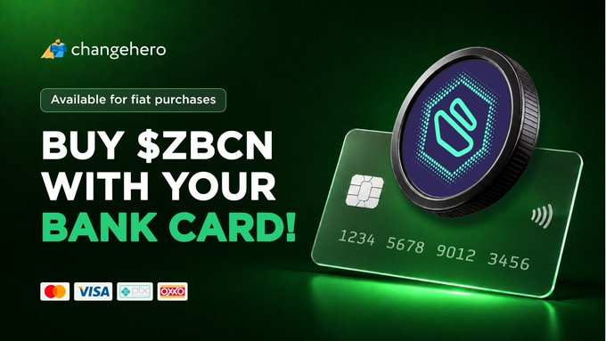 A promotional graphic from ChangeHero advertises buying $ZBCN (Zebec) tokens via fiat purchases, featuring logos for Mastercard, Visa, Diners Club, and OXXO alongside a stylized bank card displaying the ZBCN token emblem and card number "1234 5678 9012 3456."

The image supports the post by visually highlighting Zebec's $ZBCN token and its integration with traditional payment rails (Visa, Mastercard, etc.), tying into the caption's emphasis on PayFi bridging blockchain payroll with real financial infrastructure like ISO 20022 compliance.