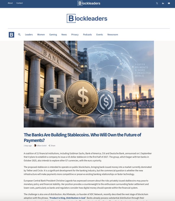Blockleaders news article titled 'The Banks Are Building Stablecoins. Who Will Own the Future of Payments?' featuring an image of bank columns with stablecoin imagery.