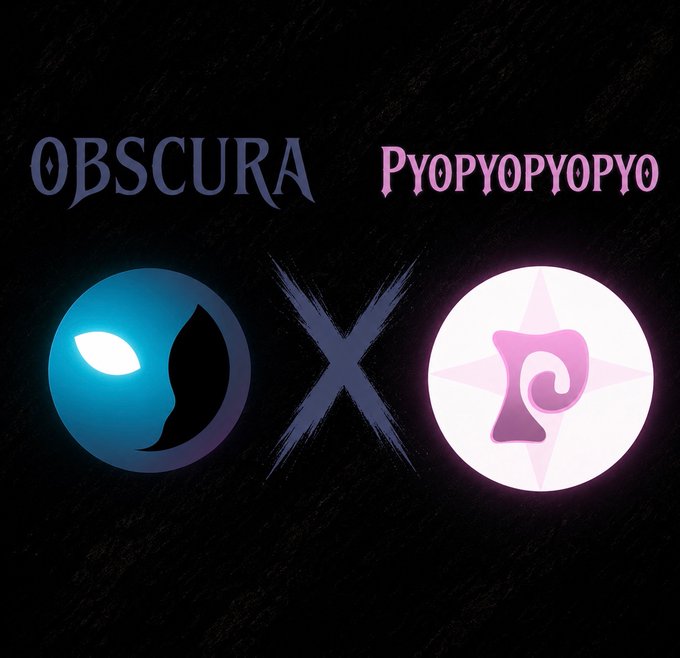 A black promotional graphic featuring "OBSCURA" and "PYOPYOPYOPYOO" text above their respective logos - a blue circular cat-like icon and a pink/purple swirl emblem - separated by a blue X.