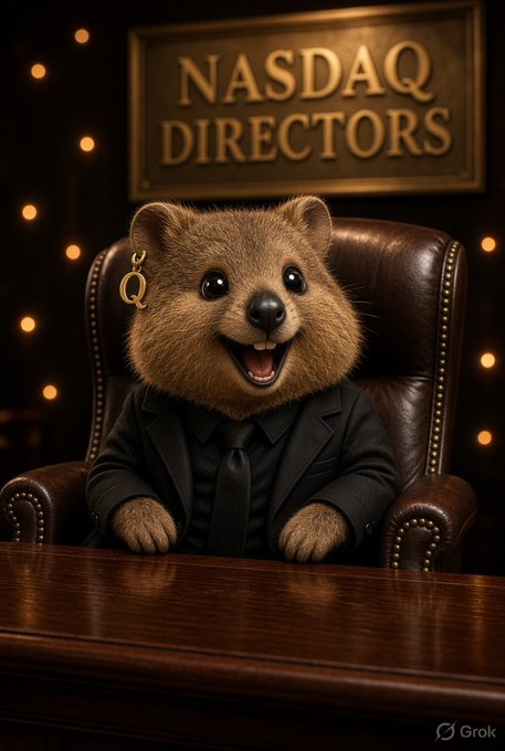 A humorous AI-generated image of a smiling quokka wearing a black suit and tie, sitting in a leather chair at a wooden desk beneath a gold 'NASDAQ DIRECTORS' sign, watermarked 'Grok'.