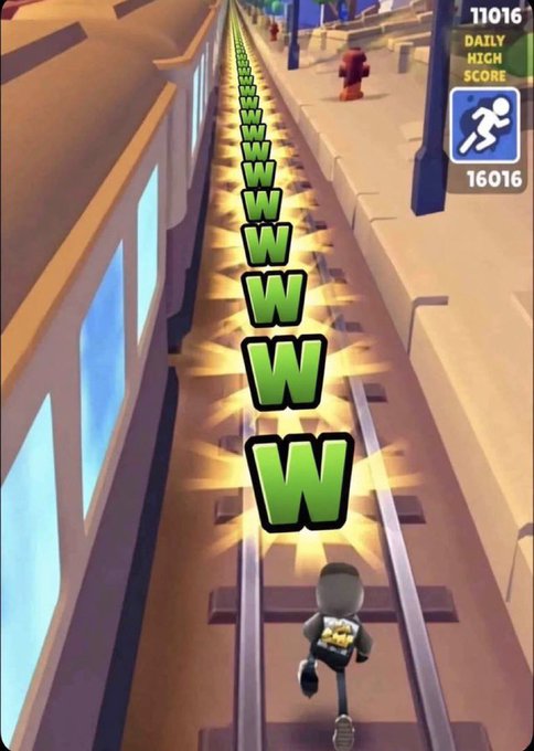Screenshot from the mobile game Subway Surfers showing a character running on train tracks collecting a line of green 'W' letters, with a daily high score of 11016 and personal best of 16016.