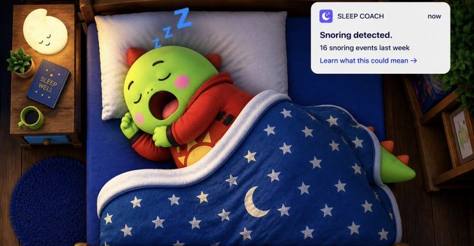 An illustrated green dragon character sleeps under a starry blanket with a 'Sleep Coach' notification overlay reading 'Snoring detected. 16 snoring events last week'.
