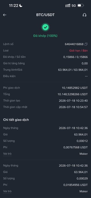A cryptocurrency trading app screenshot showing a BTC/USDT order marked as 'Đã khớp (100%)' with transaction details in Vietnamese.