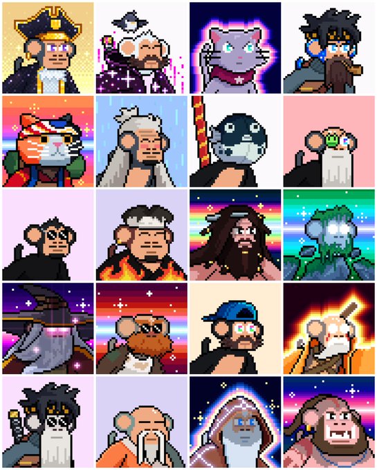 A 4x5 grid displays 20 pixel-art portraits featuring various humanoid monkeys, apes, and animal-human hybrids in vibrant retro 8-bit style, each with distinct accessories, hairstyles, and colorful backgrounds. The image relates to the post by showcasing the limited collection of 5,555 Chimpers NFTs by TimpersHD on the Ethereum blockchain.