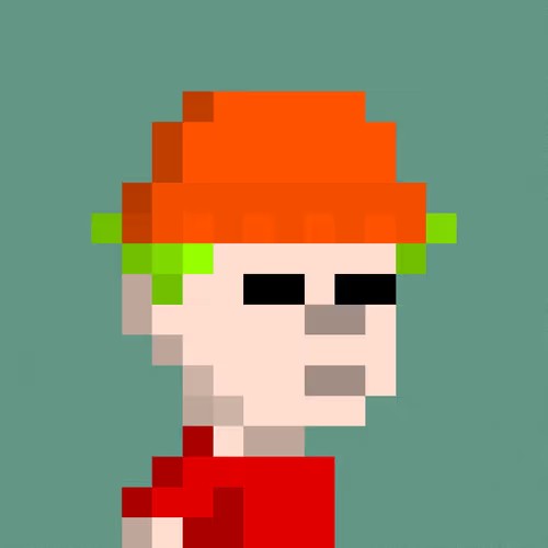 A low-resolution pixel art portrait of a character with an orange cap, green hair, dark sunglasses, and a red shirt is displayed against a teal background, representing the digital artwork "Re:Generates #2285" sold for 0.098 ETH ($184.49) between buyer 0x08E9…bcd6 and seller 0xE98F…3A4F, tracked with sweepr by knoad.
