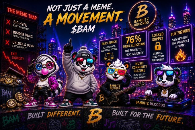 A promotional graphic for 'Bambitz Records' with the tagline 'NOT JUST A MEME. A MOVEMENT. $BAM', featuring cartoon panda characters and text highlighting '76% PUBLIC ALLOCATION', 'LOCKED SUPPLY', and '#LISTEN2BURN'.