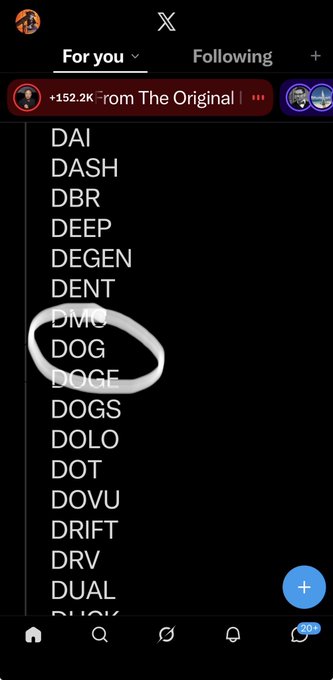 A social media app screenshot displays an alphabetical list of cryptocurrency tickers, with 'DOG' circled in white.