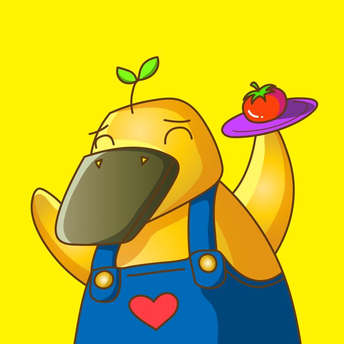 A cartoon illustration of a cheerful yellow platypus wearing blue overalls with a red heart, holding a purple plate with a tomato on it against a bright yellow background.
