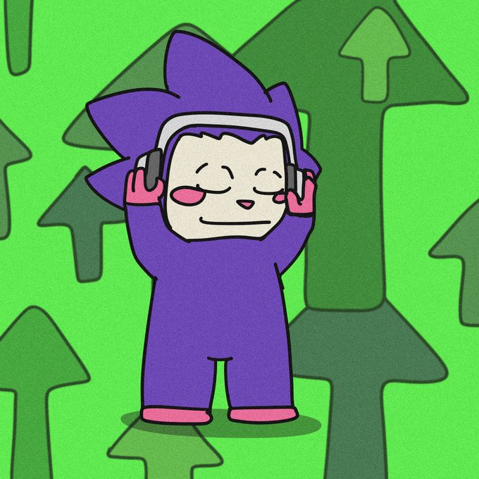 A cartoon character in a purple onesie with spiky hair wears headphones and sways with eyes closed in enjoyment, surrounded by green upward arrows that suggest a rising trend. The image's musical enjoyment and bullish green arrows reinforce the post's excited tone about securing a whitelist spot before the project takes off.