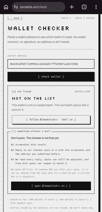 A screenshot of the tamabits.art/check wallet checker tool showing a wallet address is 'NOT ON THE LIST' and is not in a sealed batch.