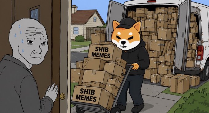A sweating "Wojak" character nervously peeks out from a doorway as a Shiba Inu delivery worker unloads a van stacked with boxes labeled "SHIB MEMES" onto a dolly, humorously depicting the meme's massive arrival as referenced in the post.