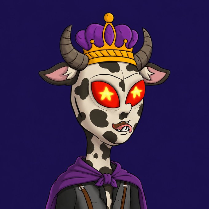 A cartoon anthropomorphic cow wearing a purple royal cape and golden crown, featuring glowing red eyes with yellow stars. The image ties to the post's dedication to @BTCMilk by depicting an alien cow mascot with a regal twist, fitting the playful "professional milk carton" theme within the $HBAR NFT ecosystem.