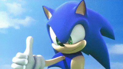 A blue-haired, cartoon-like character with a green nose and eyes gives a thumbs up against a backdrop of a clear blue sky and fluffy white clouds.