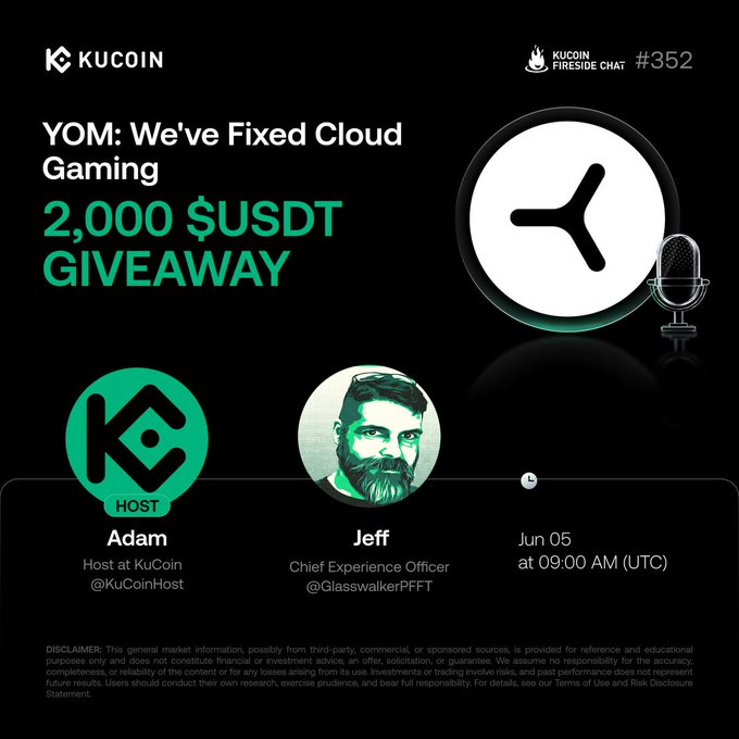 The image features a poster for a contest where participants are required to enter their KuCoin UIDs. The poster includes a photo of a man with a beard, a clock, and a microphone, along with text that reads "KuCoin x YOM: We've Fixed Cloud Gaming 2,000 $USDT to win! How to enter: 1.Follow @kucoincom and @YOM_Official 2. Like, Repost and tag 3 friends 3.Join the space: x.com/i/spaces/1dKrP ... 4.Complete the Gleam form:". The poster is designed in a way that it captures the attention of potential participants by showcasing an interesting image related to the contest theme.