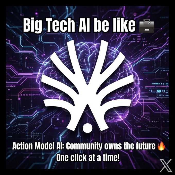 The image features a brain with white lines, which is the logo for the company Action Model AI. The text "Big Tech AI be like" is written above the logo, suggesting that the company's technology could potentially replace human intelligence. The caption below the image reads "One click at a time! @ActionModelAI dropping community owned future one click at a time". This implies that the company is promoting their AI technology and encouraging users to adopt it for various tasks.