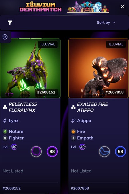 In this image, a screenshot of a mobile device displays two screens side-by-side. On the left screen, there are two different profiles for Illuvium's deathmatch game that show the player's character types and their corresponding descriptions. The right screen features a comparison of these two character types with additional details about them. 

The top part of the image displays text in purple and green colors, which could be related to the game or its interface. A small square containing an illustration of a cartoon character is also present on this screen.