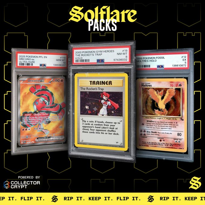 A promotional graphic titled 'Solflare Packs' displays three graded Pokémon cards including an Oricorio ex, The Rocket's Trap trainer card, and a Moltres, powered by Collector Crypt.