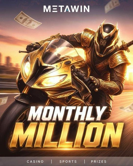 An armored knight rider on a sleek gold motorcycle speeds through a sunset cityscape with floating cash, promoting "MetaWin's Monthly Million" giveaway across Casino, Sports, and Prizes. The bold "Monthly Million" text reinforces the post's announcement of $1M monthly rewards and $14M+ already given back to players in 2024.