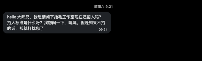 A chat message in Chinese asking whether "撸毛工作室" (airdrop farming studio) is currently hiring, what the requirements are, and playfully apologizing in advance for the disturbance. This relates to the accompanying content discussing interest in $BP farming opportunities, as the inquirer is seeking guidance on entering the airdrop farming space.