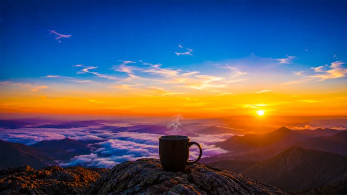 A scenic landscape showing a steaming coffee mug placed on a rocky mountain peak at sunset, with vibrant orange and blue skies and clouds stretching across the horizon.