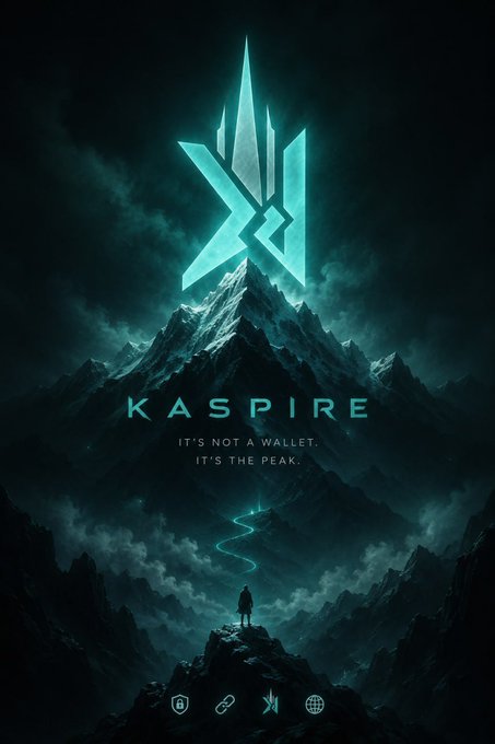 Dark, atmospheric promotional poster for 'KASPIRE' with the tagline 'IT'S NOT A WALLET. IT'S THE PEAK,' featuring a glowing turquoise logo above a mountain peak with a silhouetted figure.