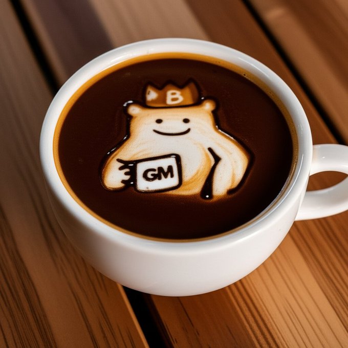 A white mug of coffee sits on a wooden table, featuring latte art of a smiling cartoon character wearing a crown with a 'B' and holding a sign that says 'GM'.
