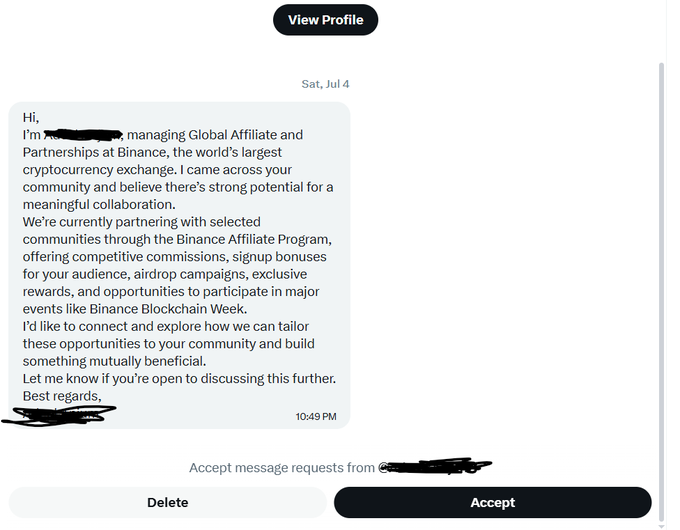 A screenshot of a direct message from someone claiming to manage "Global Affiliate and Partnerships at Binance," the world's largest cryptocurrency exchange, dated Saturday, July 4 at 10:49 PM, offering to collaborate through the Binance Affiliate Program. The accompanying post humorously mocks Binance for reaching out to work with them, highlighting how the company sends generic partnership solicitations without researching the accounts they contact, proving they prioritize engagement metrics over quality.