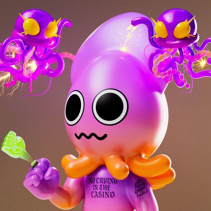 A 3D-rendered cartoon pink octopus character wearing a shirt that reads "NO CRYING IN THE CASINO", holding a glowing green glass, with two yellow-eyed purple creatures emerging from its head with electric effects.