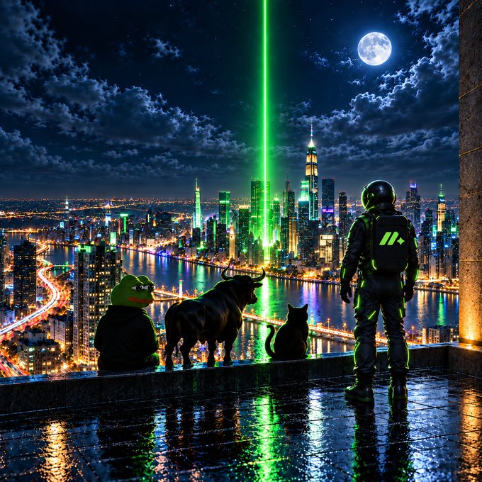 A nighttime cityscape with a green laser beam shooting into the sky, where a figure in futuristic black and neon-green armor stands on a ledge alongside a frog with sunglasses, a bull, and a cat, looking out at the illuminated skyline.