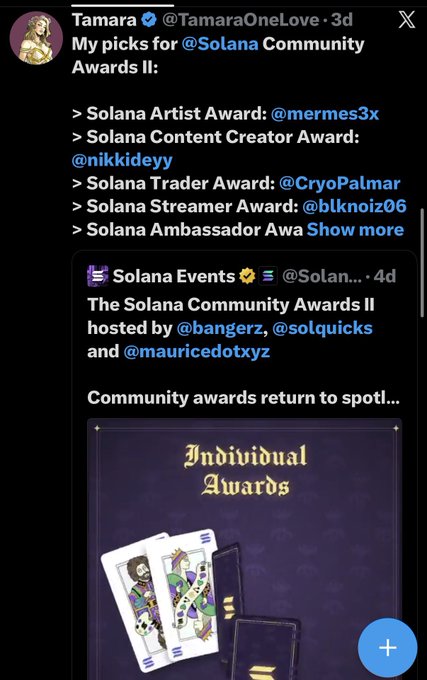 A social media post from user @TamaraOneLove titled 'My picks for @Solana Community Awards II!' listing several award nominees including @mermes3x and @nikkiddeyy.