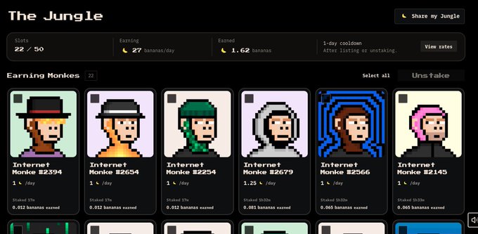 A screenshot of a digital dashboard called 'The Jungle' showing 22 out of 50 'Earning Monke' NFT slots staked, generating 1.62 bananas per day.