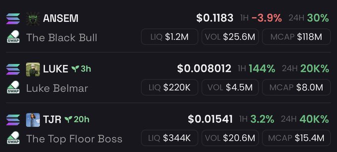 The image shows a list of Solana-based memecoins (ANSEM at $0.1183, LUKE at $0.008012, and TJR at $0.01541) with their market caps ranging from $8M to $118M, ironically displayed while the post jokingly declares it's "time to shutdown the entire Solana blockchain."