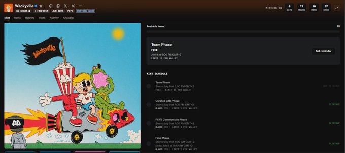 The image shows a NFT minting interface for "Wackyville" by EV STUDIO, featuring a cartoon illustration of a character on a rocket with a Kermit the Frog figure, alongside details of a Team Phase mint priced at 0.069 ETH with a limit of 111 per wallet. The interface displays minting schedules with countdown phases (Team, Curated GTC, FCFS) ending July 3rd, which aligns with the hyped mint details mentioned in the post.