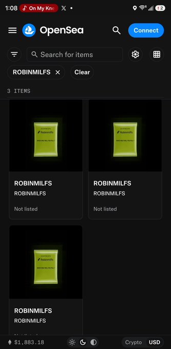 A screenshot of the OpenSea NFT marketplace showing three "ROBINMILFS" NFT items filtered from the collection, with the top bar displaying "ROBINMILFS" as an active filter and showing 3 items, supporting the post's excitement about joining the Robinhood chain NFT project "MILFS" by @lofi_dreamz.